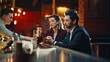© stockbusters - Two strangers flirting bar counter sitting together resting at evening closeup