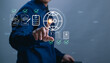 © PB Studio Photo - Concept of quality control, certification, best quality assurance, service guarantee, business person finger tapping on ISO icon with virtual screen showing document management of standard system