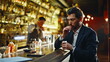 © stockbusters - Weary man lighting cigarette sitting bar with half empty glass nearby closeup