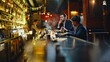 © stockbusters - Drunk bar visitors resting counter holding glasses smoking under warm lighting