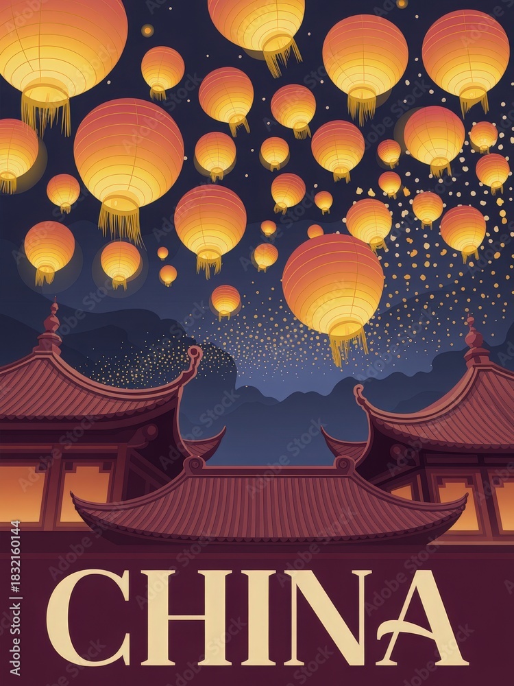 Colorful lanterns rise into the night sky, brightening the darkness above traditional Chinese rooftops. The scene captures a beautiful celebration in a serene moment.