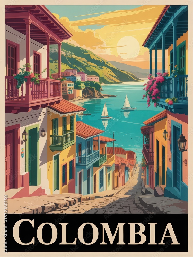 Vibrant buildings line a cobblestone street, leading to a serene bay with boats sailing. The golden sunset bathes the scene in warm light, highlighting the beauty of Colombias coastline.