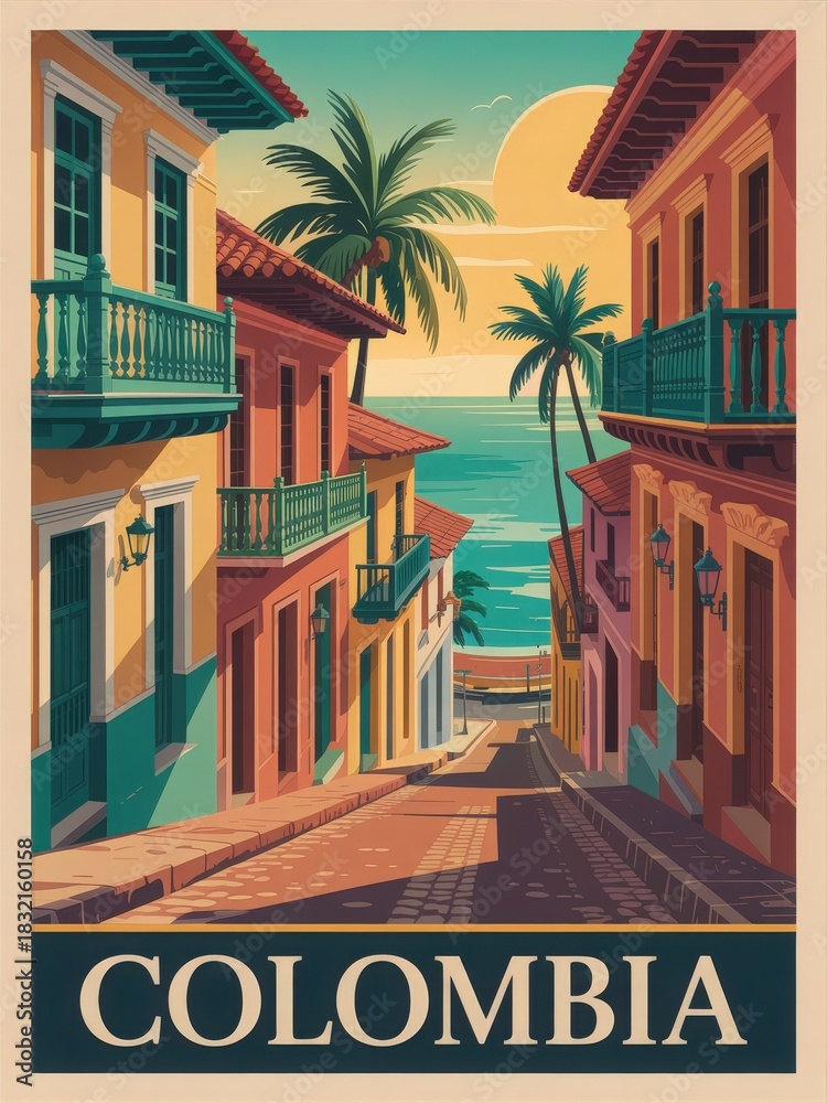 A vibrant street in a coastal town in Colombia. Colorful buildings line the road, adorned with balconies, and palm trees sway under a bright sunset over the ocean.
