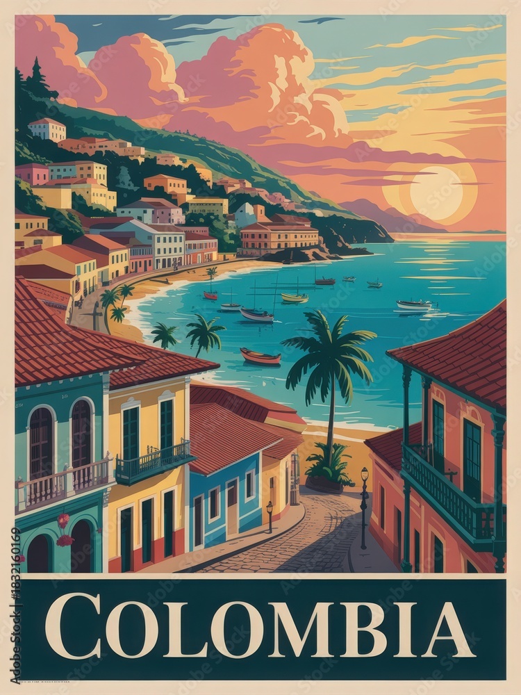 This beautiful coastal view features charming buildings along a beach, palm trees swaying, and boats in the water. The sunset casts warm colors across the sky and sea, creating a stunning atmosphere.