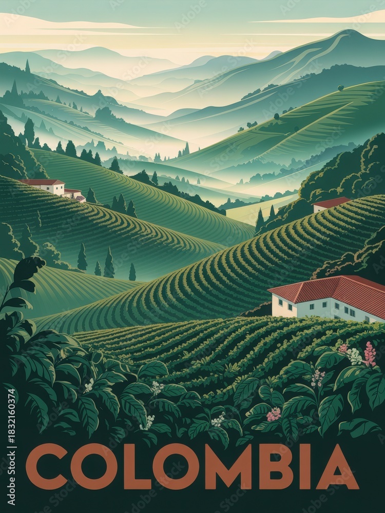 Lush green hills with neatly arranged vineyards stretch across the landscape.