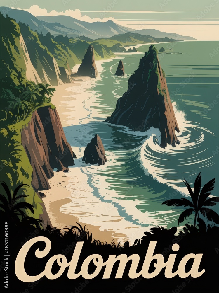 A stunning view of Colombias coastline features rocky cliffs and vibrant waves crashing against the shore. Lush greenery frames the landscape, depicting a serene natural environment.
