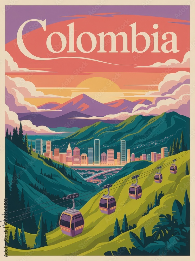 A beautiful scene showcases Colombias landscape at sunset. Colorful cable cars glide above verdant hills, with a vibrant cityscape and mountains in the background, creating a breathtaking view.