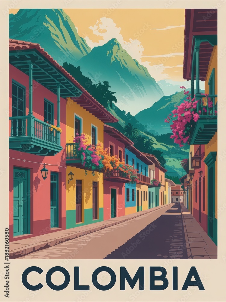 This scene portrays a charming street in Colombia, lined with colorful houses adorned with flowers. Lush mountains rise in the background, creating a picturesque view during golden hour.