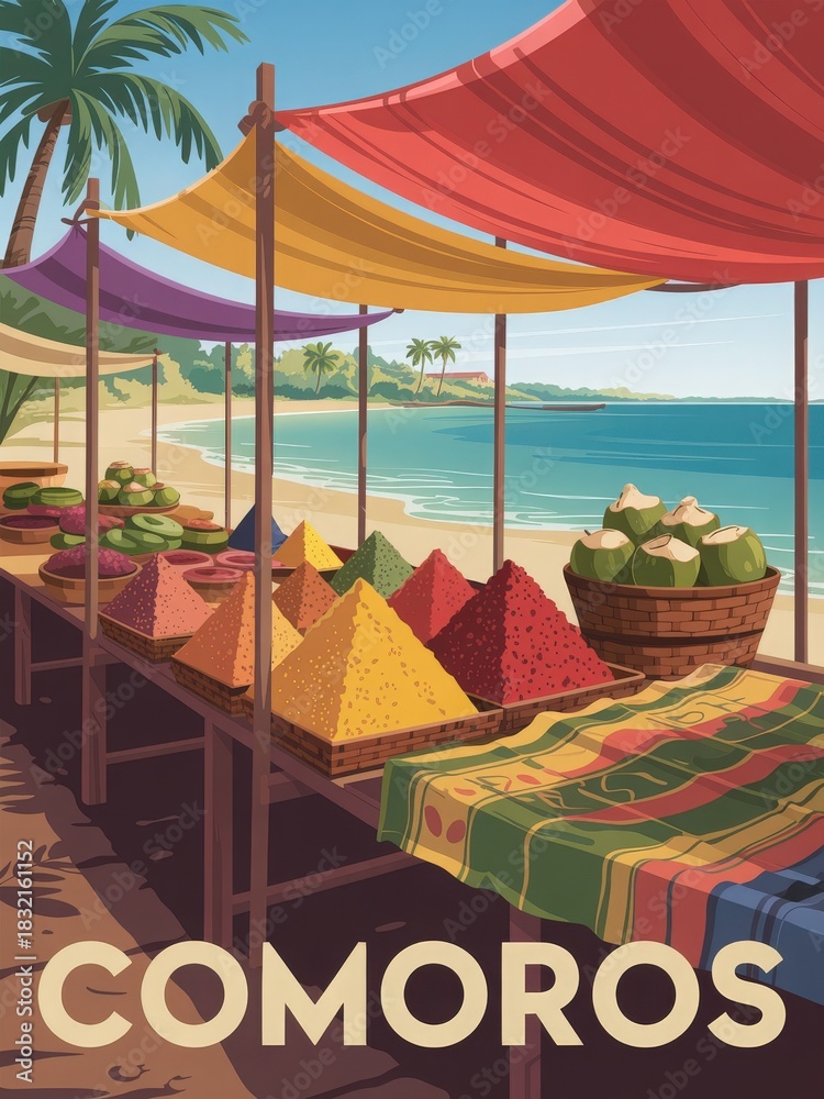 A vibrant market scene on a beautiful beach in Comoros features colorful piles of spices displayed under a canopy.