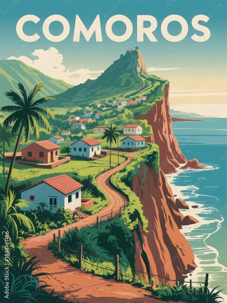 Coastal scenery shows houses perched on a hillside in Comoros. Lush greenery and mountains surround the area, while the ocean waves gently crash along the shore.