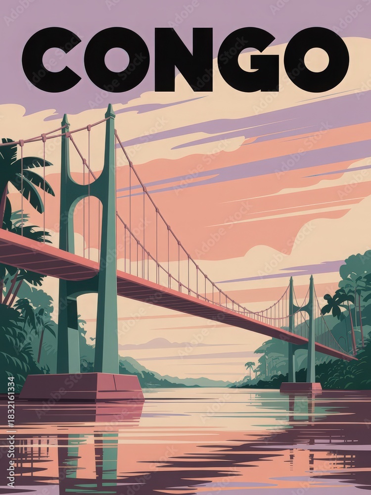 A magnificent bridge spans the Congo River during a colorful sunset. The scene features lush greenery on both banks and a soft reflection in the calm water.