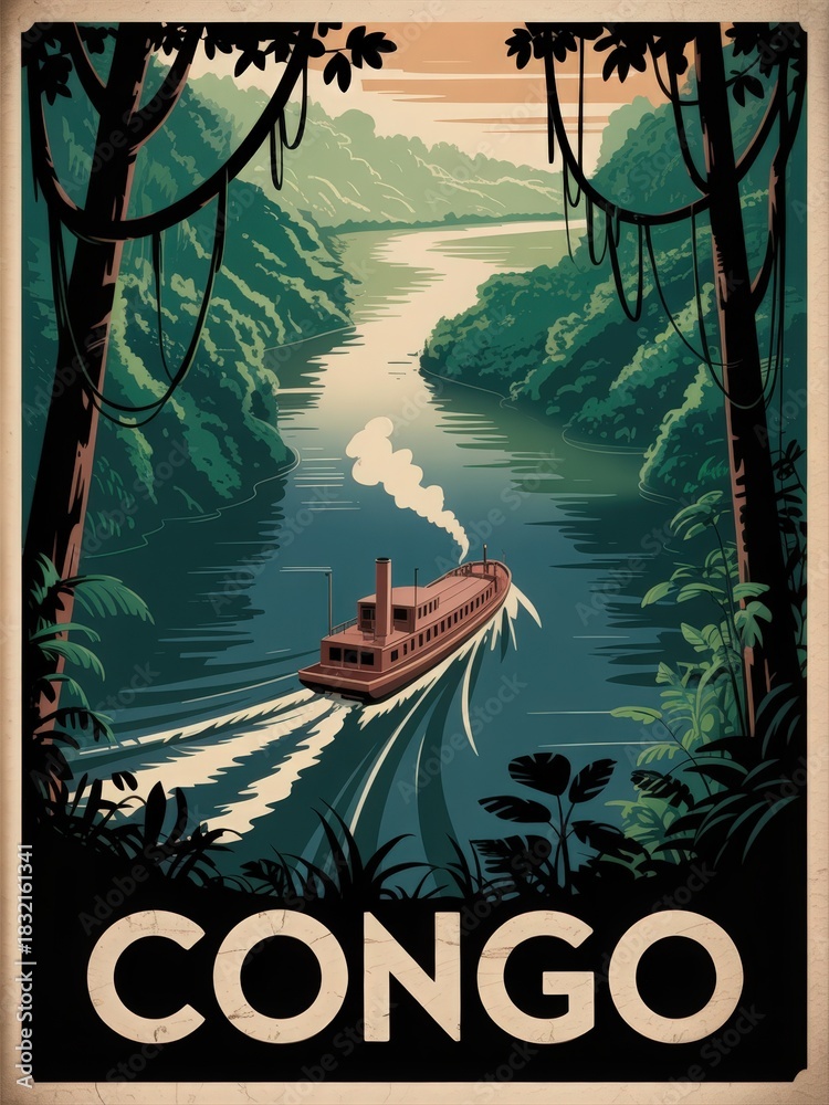 A steamboat glides along the Congo River, surrounded by dense green jungle. The warm, golden light of sunset reflects on the water, creating a serene atmosphere in this remote landscape.