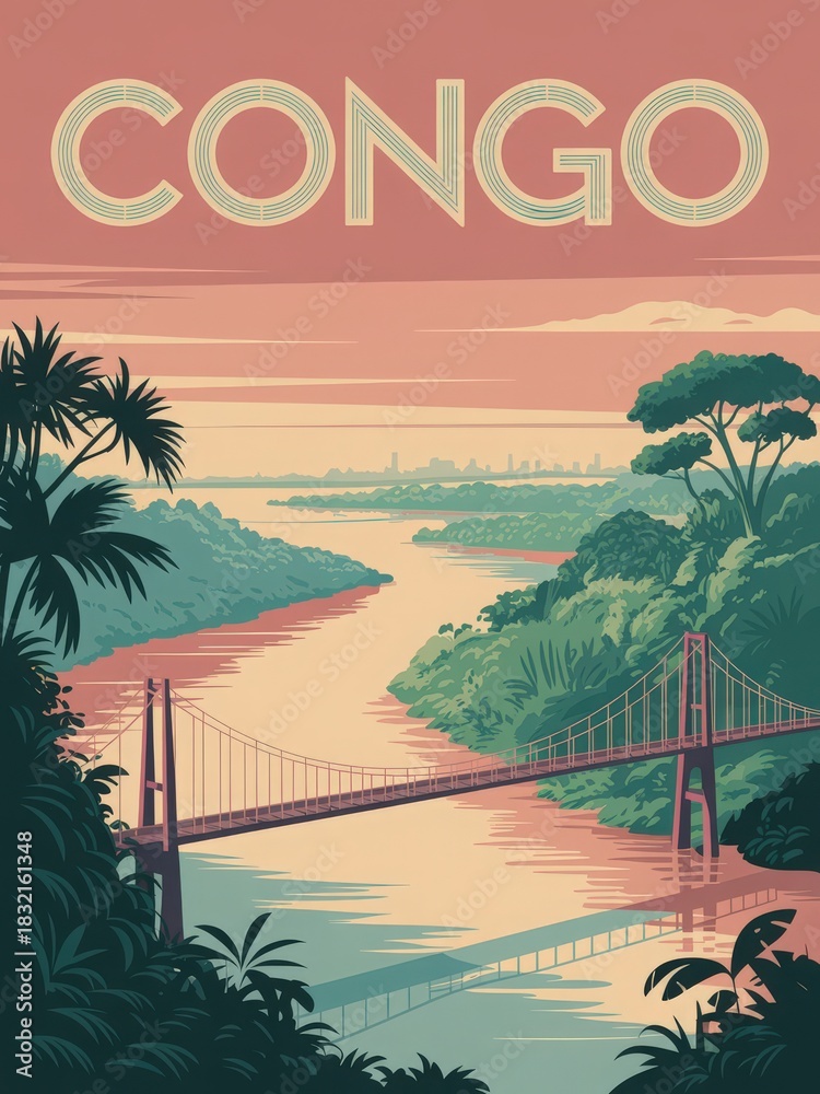 A beautiful scene of the Congo River showcases a suspension bridge surrounded by dense foliage. The sunset casts a warm glow over the water and hills, creating a serene atmosphere.