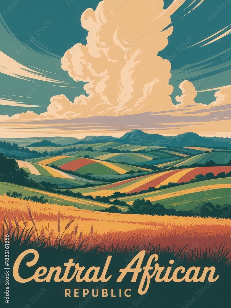 This artwork depicts the expansive landscapes of Central African Republic, featuring rolling hills, fields of various colors, and a vibrant sky filled with clouds.