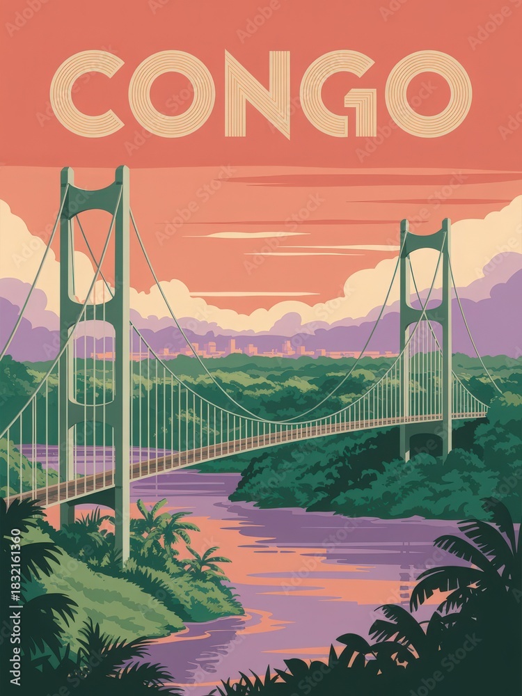 A stunning view of a suspension bridge spans a river in Congo. The vibrant sunset casts warm colors across the sky while lush greenery surrounds the waterway, creating a picturesque scene.