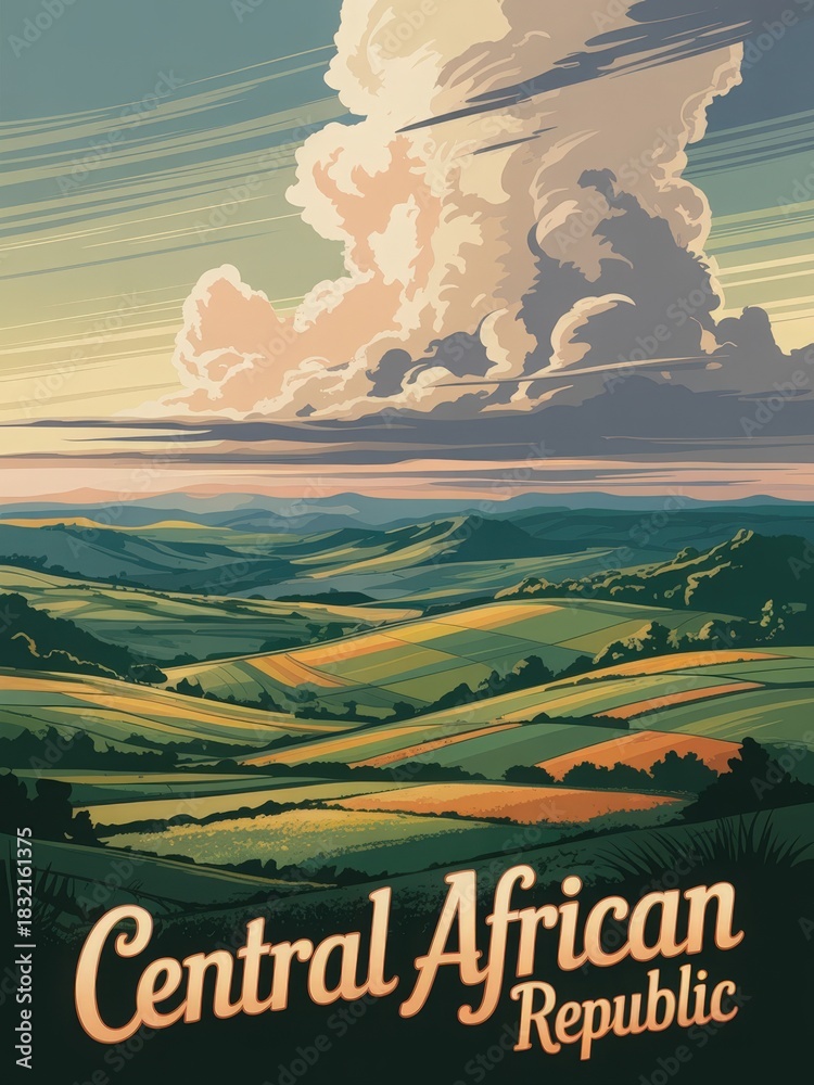 A beautiful view of the Central African Republic showcases rolling green hills, colorful fields, and a large, fluffy cloud dominating the sky. The scene captures the serene nature of the landscape.