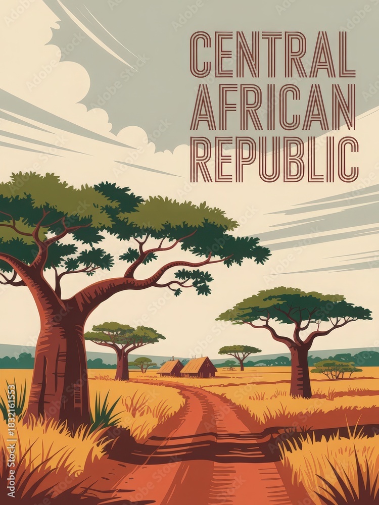 This landscape showcases the Central African Republic, featuring tall trees and golden grass. A dirt road winds through the scene, leading toward traditional huts in the distance.