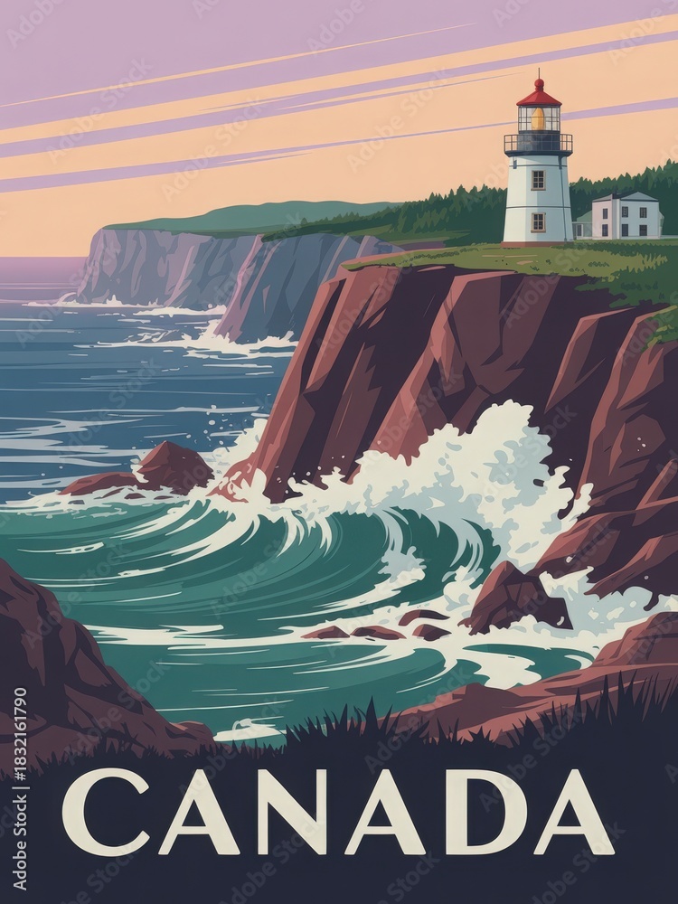 A lighthouse stands tall on a rocky cliff in Canada as waves crash against the shore. The sunset paints the sky with soft colors, creating a serene coastal scene.