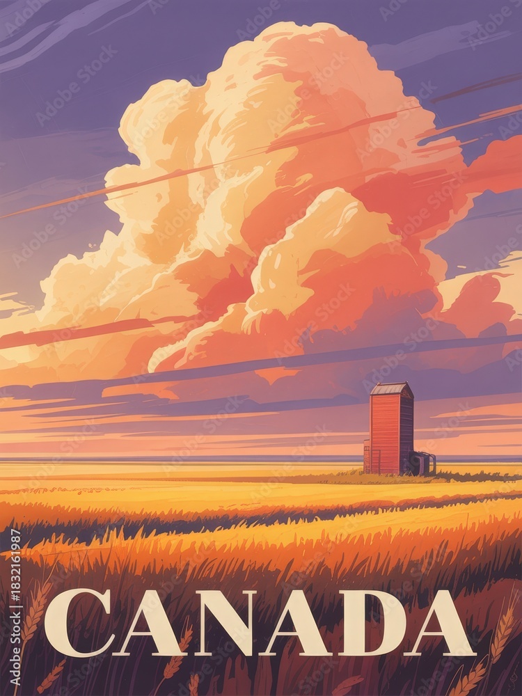 A vibrant sunset illuminates the sky with colorful clouds above golden fields. A solitary barn stands in the foreground, capturing the essence of rural Canada in a peaceful setting.