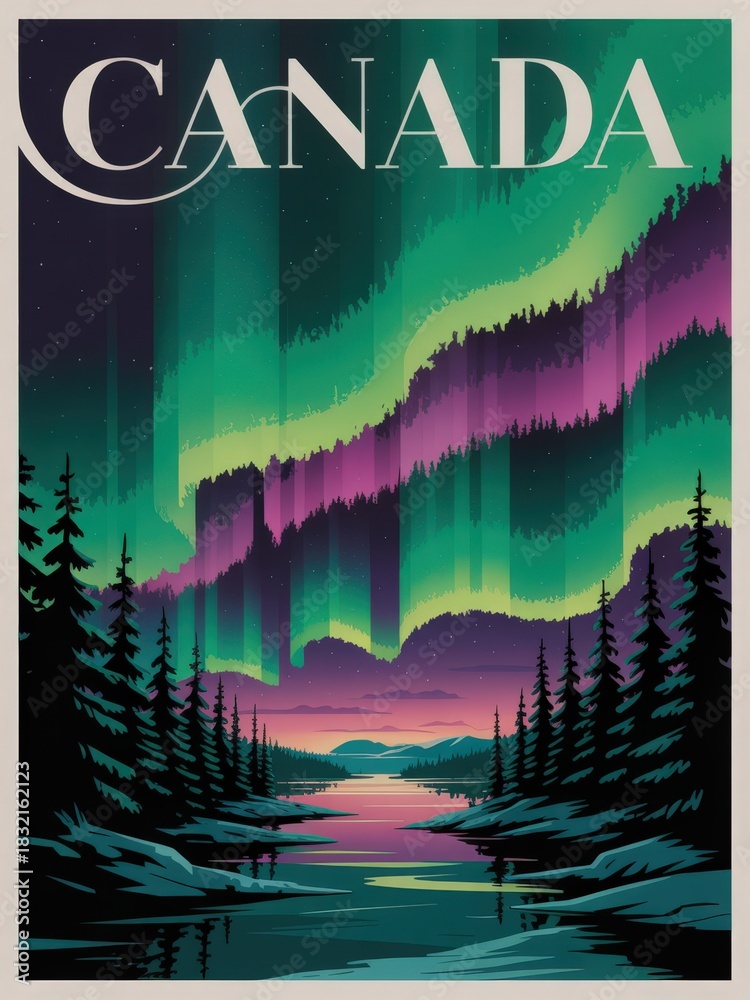 The scene shows vibrant northern lights illuminating the night sky over Canada. Tall trees frame the view, with a calm river reflecting the colorful auroras.