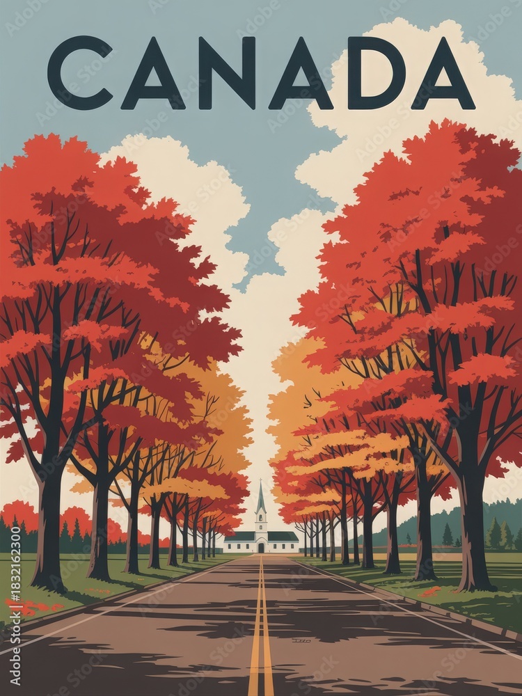 Bright red and orange trees stretch along a clear road, leading to a white building in the distance. The scene captures the beauty of autumn in Canada, showcasing natures vibrant colors.