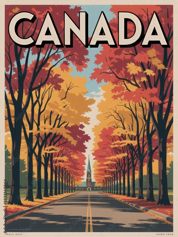 Colorful trees in shades of red, orange, and yellow create a picturesque pathway leading to a church. The scene captures the serene beauty of fall in Canada, showcasing natures vibrant display.