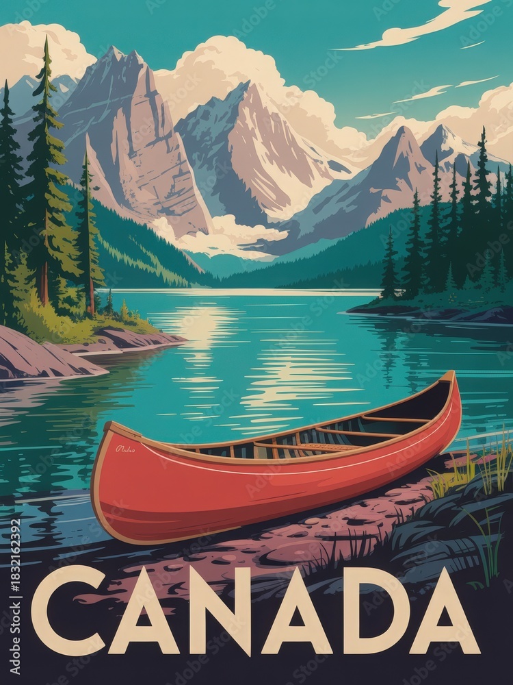A bright red canoe rests on the shore of a clear lake. Towering mountains in the background reflect in the calm water, framed by tall evergreen trees. This serene scene captures the beauty of Canada.