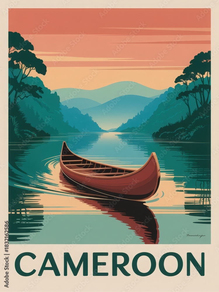 A traditional canoe glides across calm waters in Cameroon during sunset. The surrounding landscape features lush greenery and soft hills, reflecting vibrant colors in the waters surface.