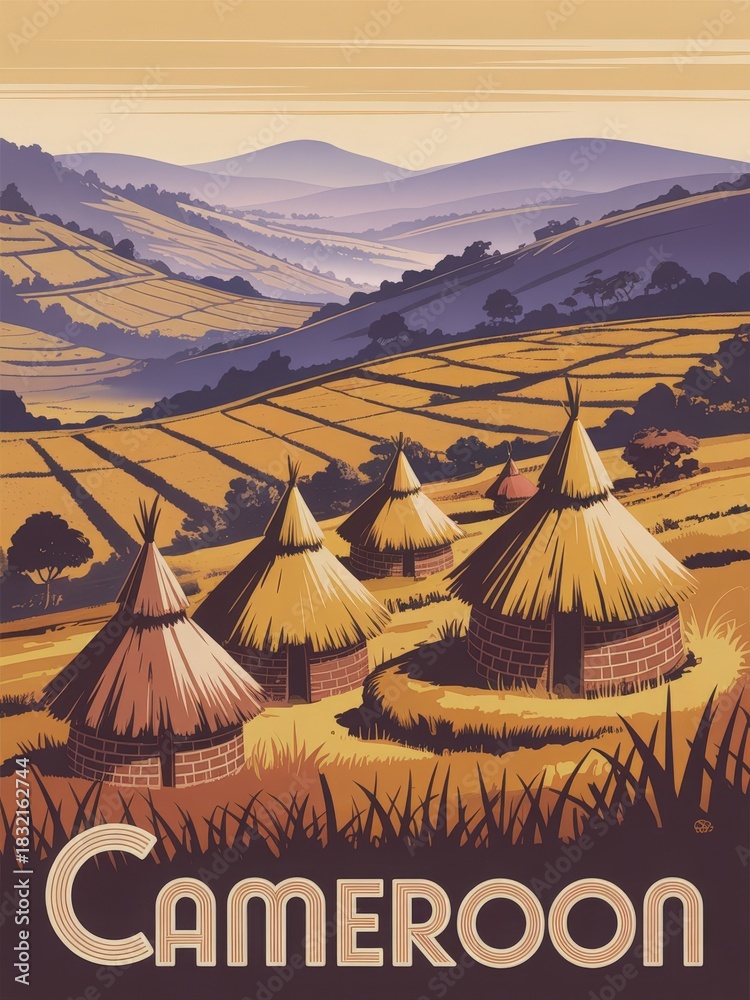 Traditional huts with thatched roofs sit among golden fields in Cameroon. The rolling hills create a picturesque backdrop, reflecting the serene beauty of rural life in the region.