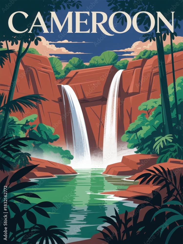 This vibrant landscape showcases a twin waterfall cascading into a serene green pool, framed by rich vegetation and towering cliffs. The scene captures the natural beauty of Cameroon.