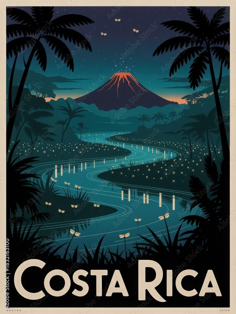 A beautiful scene of a Costa Rican landscape shows a volcano silhouetted against a night sky filled with stars. A winding river reflects the moonlight, surrounded by lush greenery and palm trees.