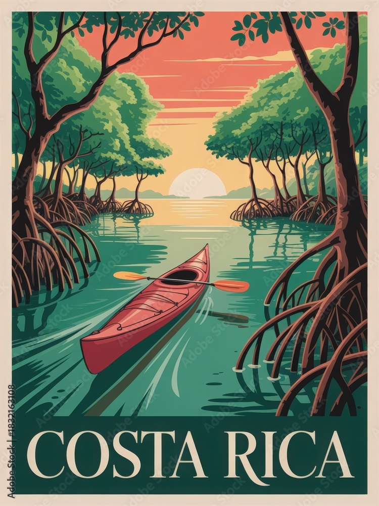 A red kayak glides through calm waters surrounded by lush mangroves as the sun sets in the background. The vibrant colors of the sky reflect on the water, creating a peaceful scene.