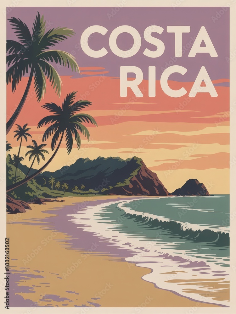 The scene captures a serene beach in Costa Rica during sunset. Palm trees frame the view, while gentle waves lapping against the shore reflect the vibrant colors of the sky.