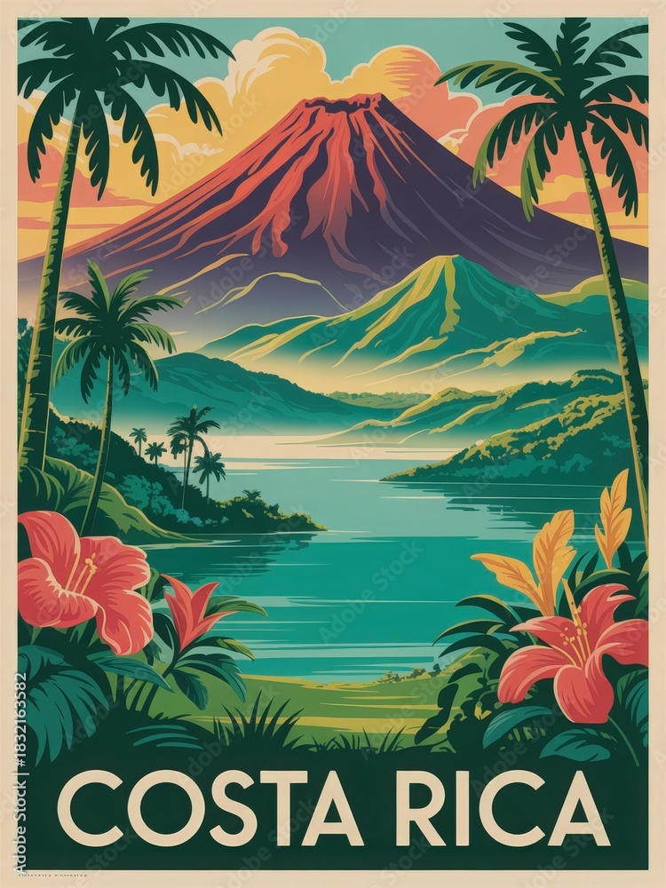 In a vibrant scene of Costa Rica, a majestic volcano rises in the background.