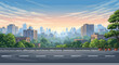 © Mochamad - Digital illustration of a city skyline at sunset with a highway in the foreground and lush greenery, against a vibrant blue and orange sky.