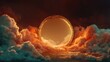 © backup_studio - Shimmering gold portal over ocean with dramatic colorful sunset clouds. Mysterious magic gateway illustration for fantasy art and spiritual concept.