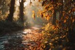© satisfied - Autumnal Path Through Forest with Sunlight and Fallen Leaves.
