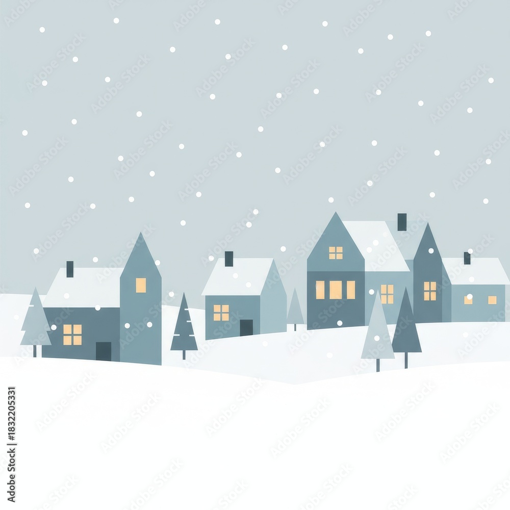 A serene winter scene featuring stylized houses blanketed in snow under a pale sky with gently falling snowflakes.