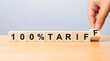 © Tejas Designs - 100 Percent Tariff Concept With Wooden Blocks And Hand, High Import Duty, Trade War, Tax Increase, Protectionism And Economic Policy On Light Desk Background