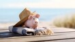 © decorator - Summer savings a cute piggy bank rests on a table near the tranquil ocean shoreline lifestyle photography