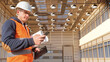 © Grispb - Construction site supervision involves checking building plans and coordinating tasks, as the inspector reviews documents and communicates updates using a mobile device.