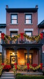 Festively decorated brick house with christmas lights and red bows at dusk