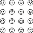 © Md - Emoticon face icons, emotional expressions, happy sad surprised, crying love confused, digital communication, UI emoji set, black white symbols, mood indicators, reaction graphics