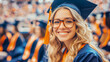 © sommersby - Joyful blonde graduate in cap and gown with orange tassel and stylish glasses smiling proudly at her commencement ceremony, surrounded by blurred fellow students
