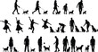 © It's Sumi Here - Dog activity silhouette, walking playing bonding, human pet interaction, leash fetch run jump, black white contrast, vector illustration