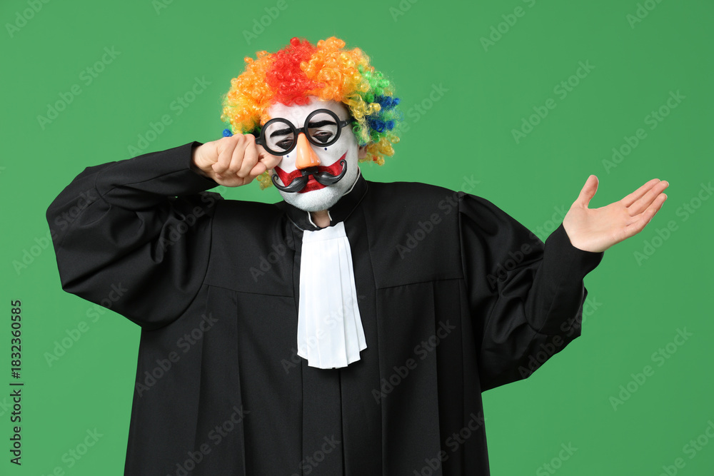 Sad young man as clown judge on green background
