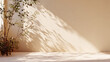© imagepocket pro - A minimalist beige studio background with a leafy plant casting beautiful dappled shadows from natural light on the wall and floor.