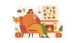 © Flatify Studio - Cozy autumn scene Woman relaxing by the fireplace using her smartphone Fall lifestyle vector illustration