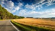 © Matteo - a tranquil rural scene with a forested roadside and a harvested field under a partly cloudy sky