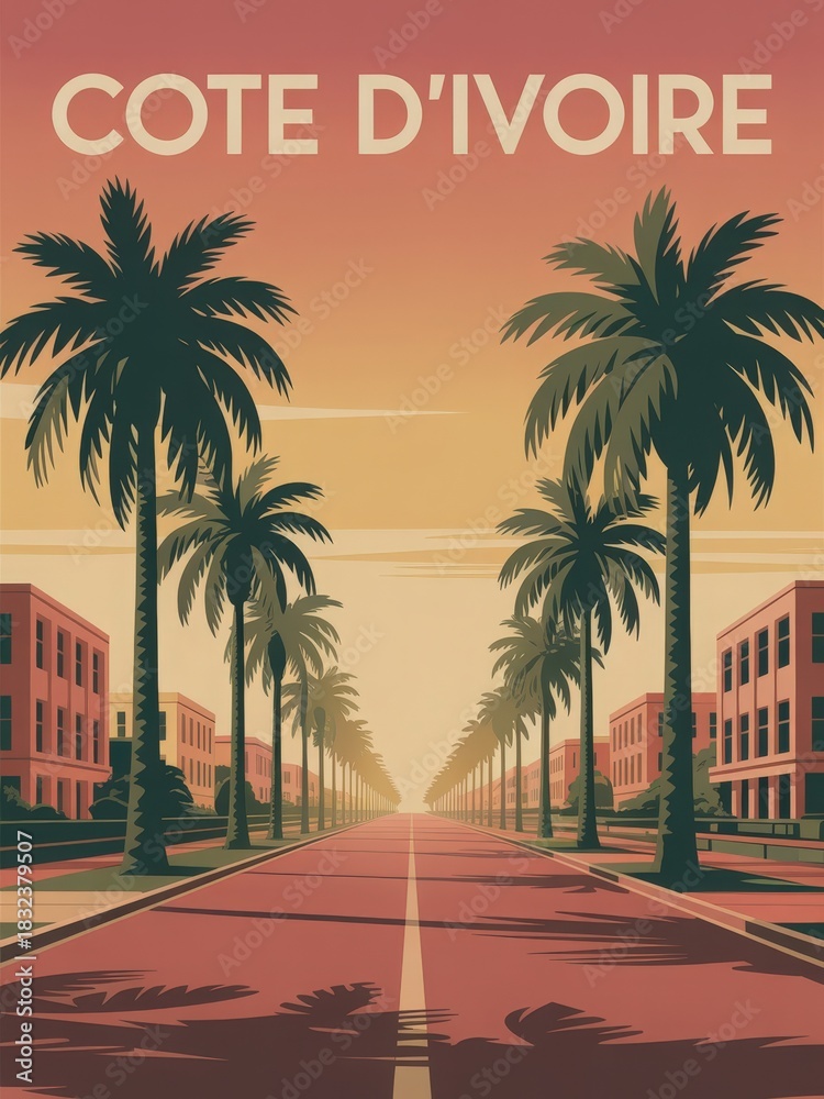 A vibrant sunset casts warm colors over a picturesque street lined with tall palm trees. The buildings on either side create a charming vibe, inviting exploration and relaxation.